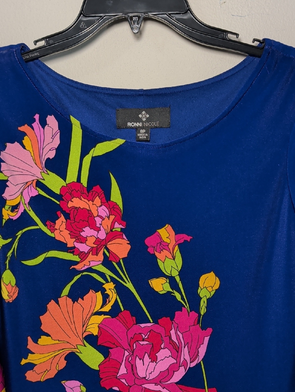 Ronni Nicole Floral Shift Dress Blue Pink Yellow 3/4 Sleeve Women's Size 8P - Picture 3 of 5